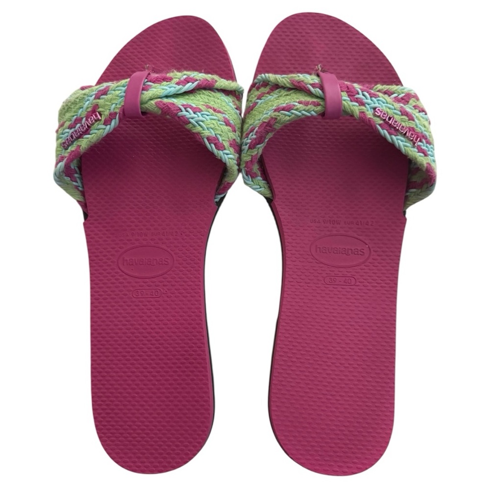 Havaianas Pink and Green Sandals with Decorative Straps